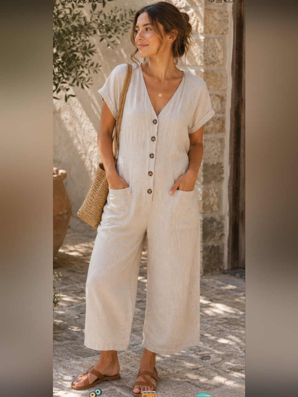 H&M Beige Short-Sleeve Button-Front Linen-Blend Jumpsuit